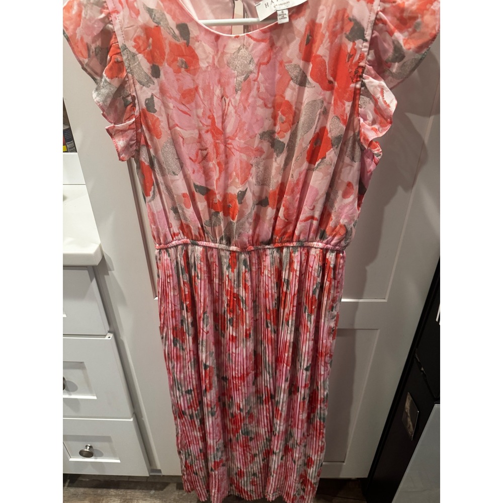 HAYDEN LOS ANGELES Floral Pleated Midi Dress Flutter Sleeve Pink Coral Size S - Picture 3 of 7